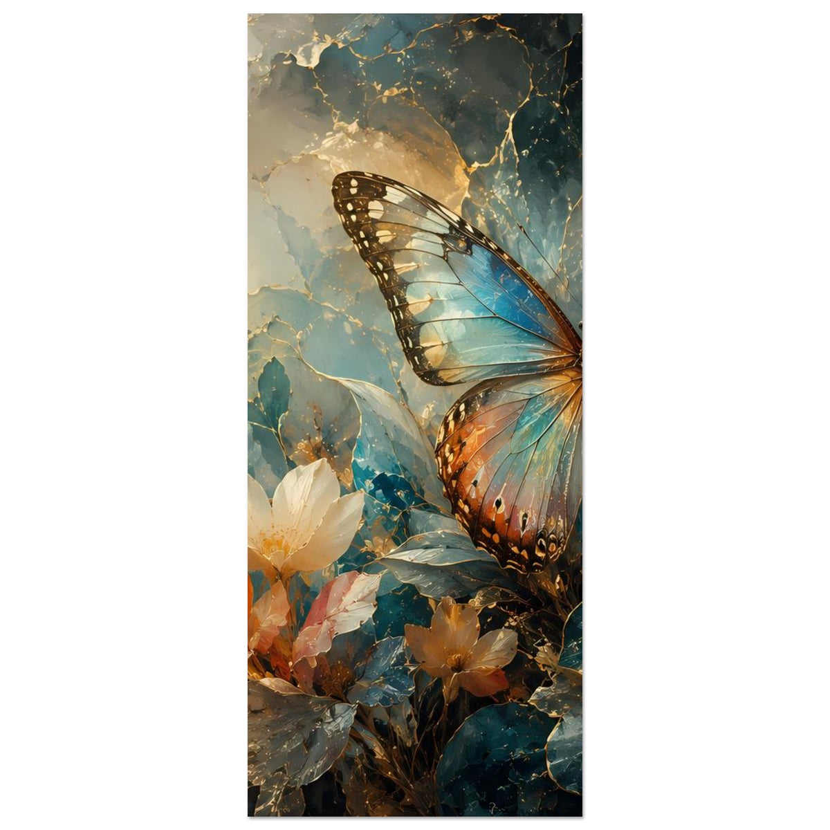 Vertikales Wandposter mit Schmetterling und weißen Blüten, warmes Blau mit Goldtönen