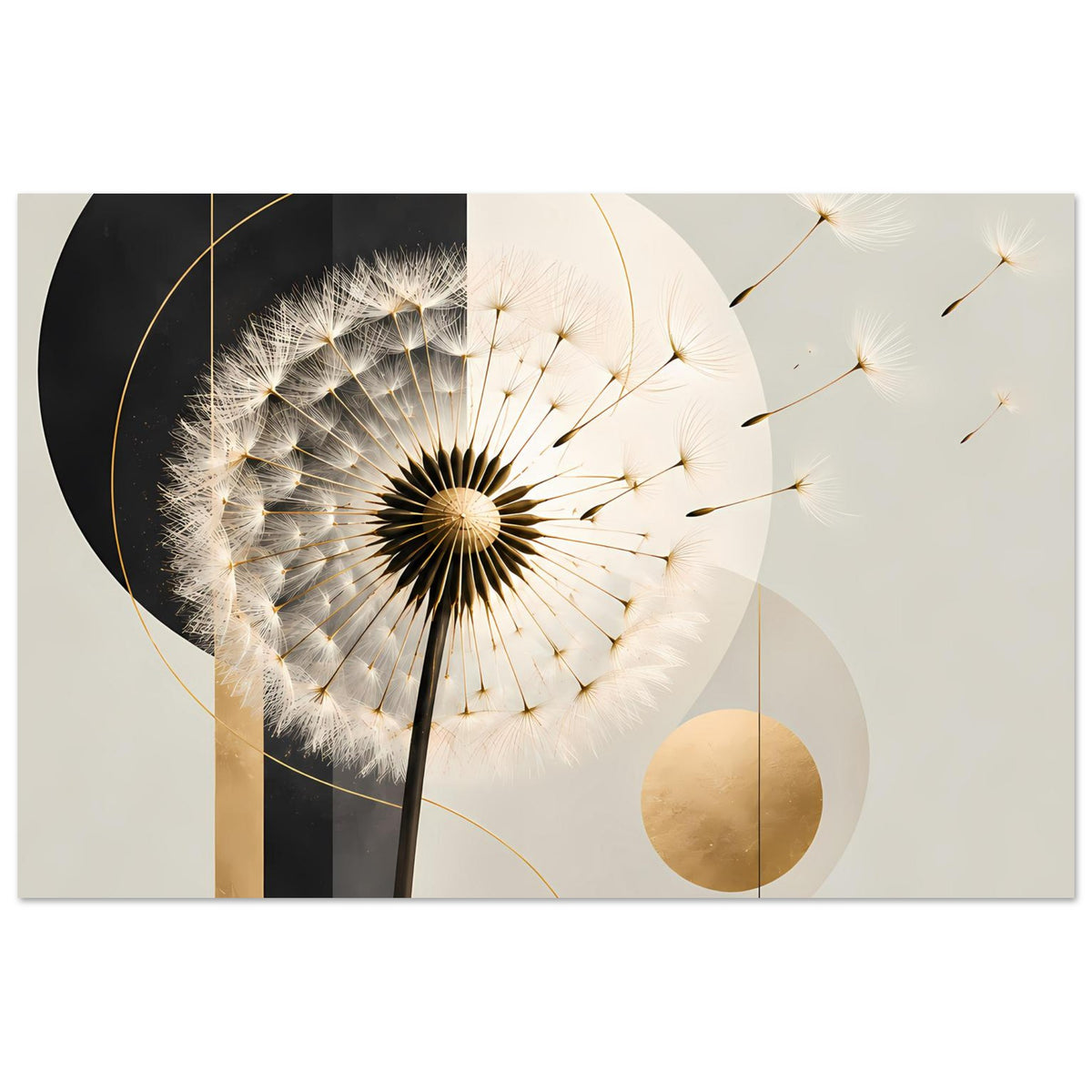 Dandelion-Poster mit Pusteblume, goldene Striche und beiger Kreis, klare kontrastreiche Gestaltung