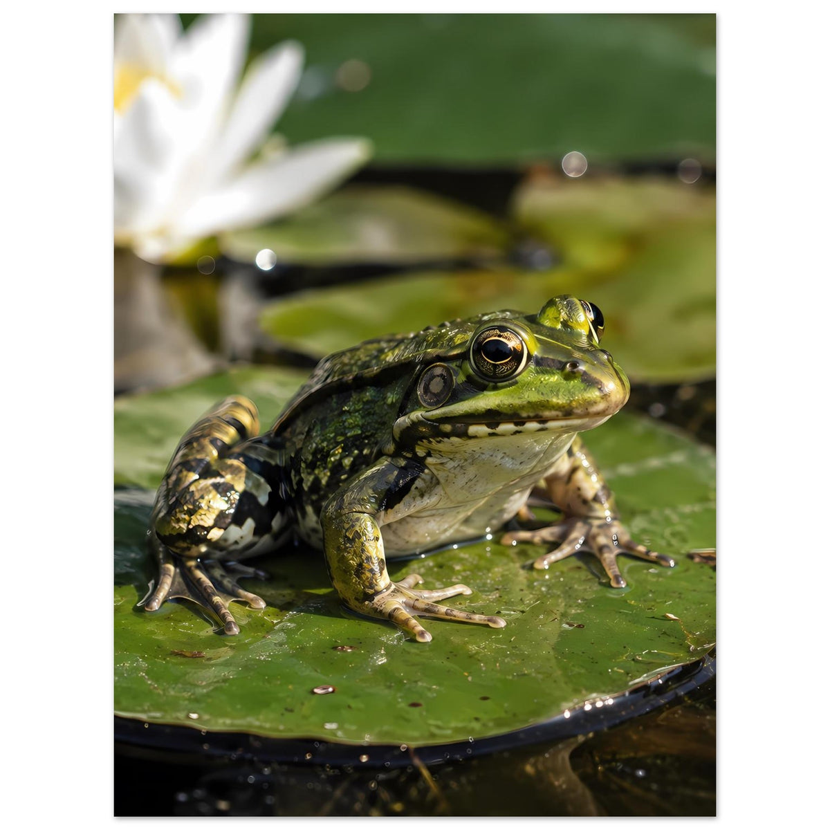 Frosch auf Seerosenblatt, Poster mit scharfem Vordergrund