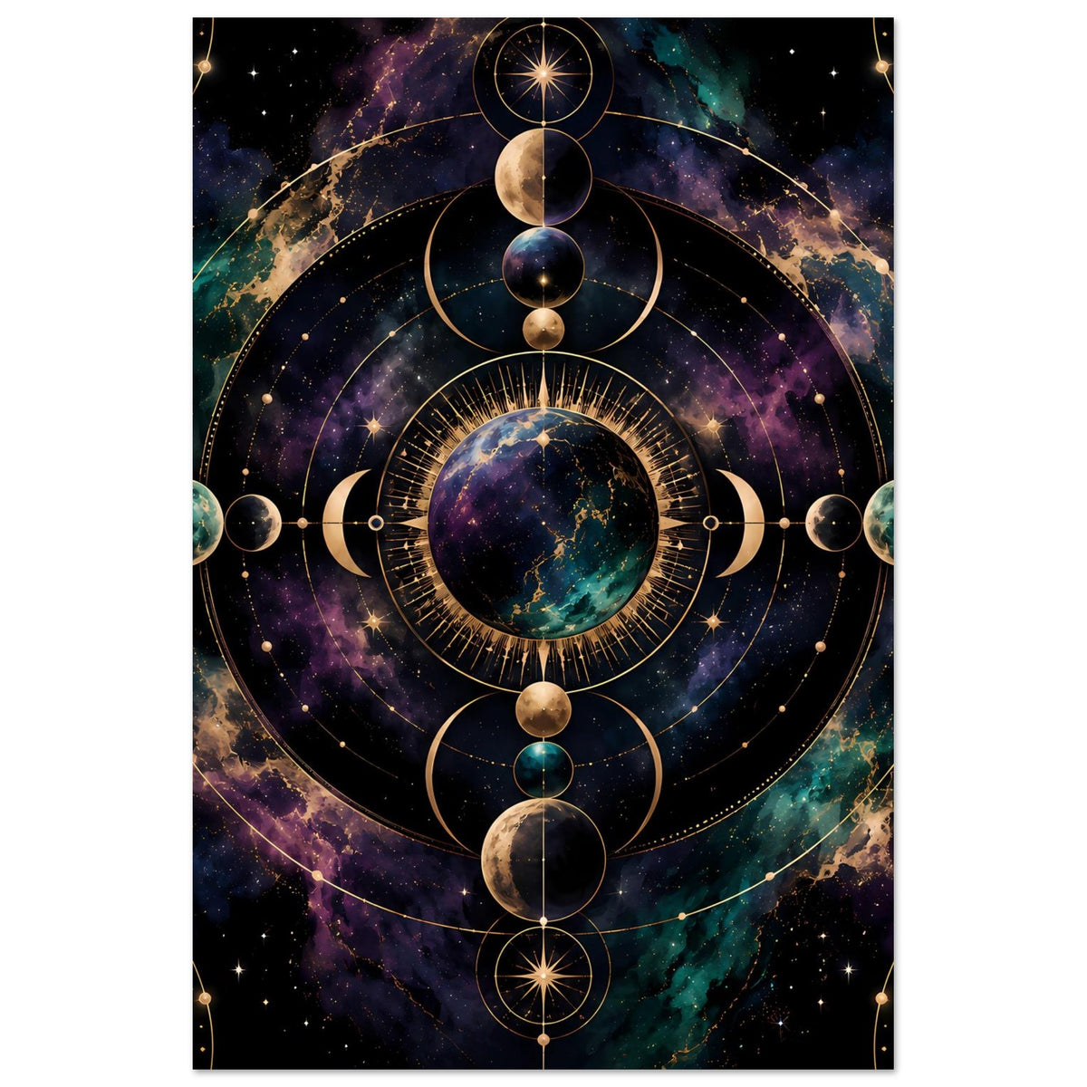 Hochformat-Poster mit Mondphasen-Ornament, goldenen Linien und zentraler Planetenscheibe