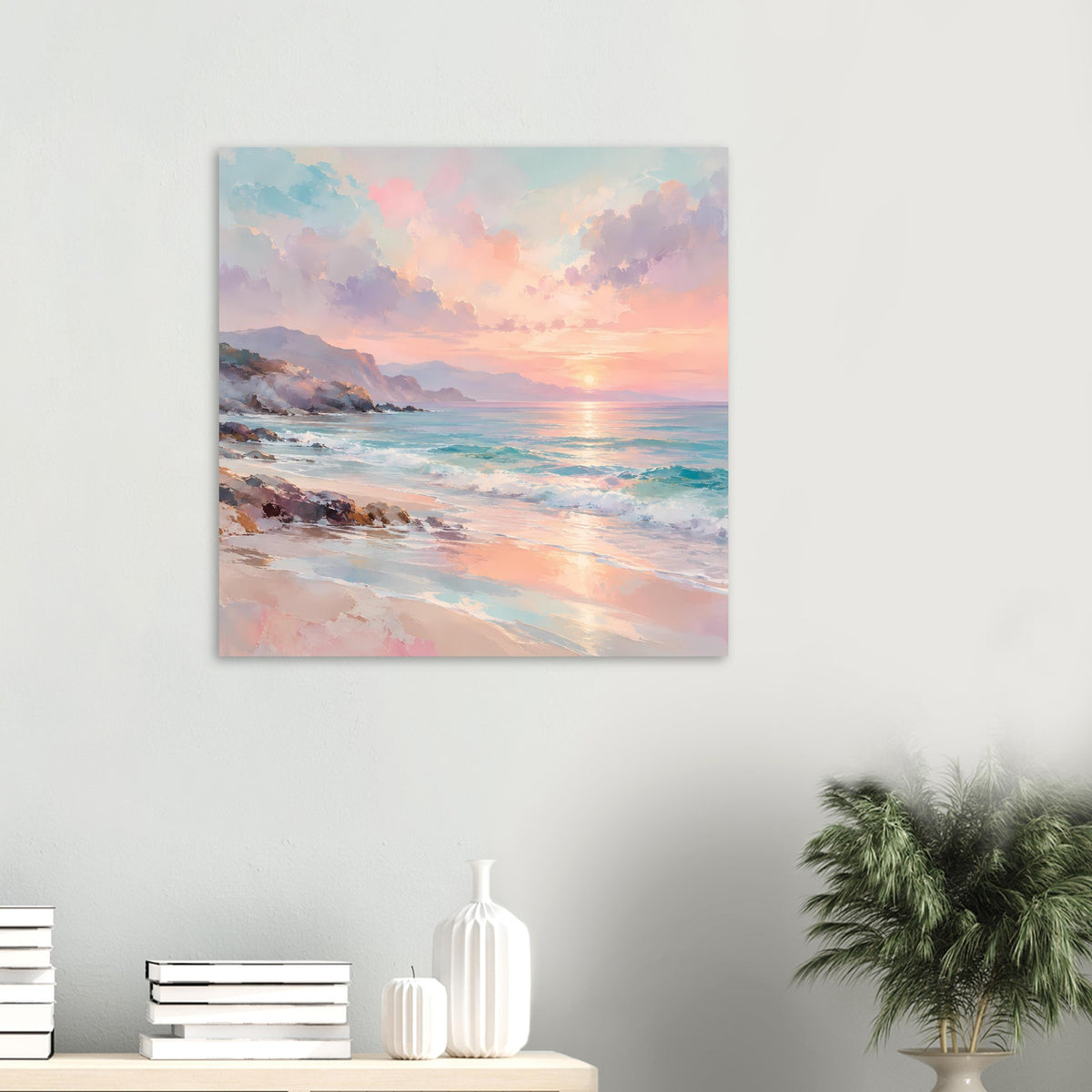 Quadratisches Poster mit Strand bei Sonnenuntergang, Wellen und rosablauer Himmelpartie