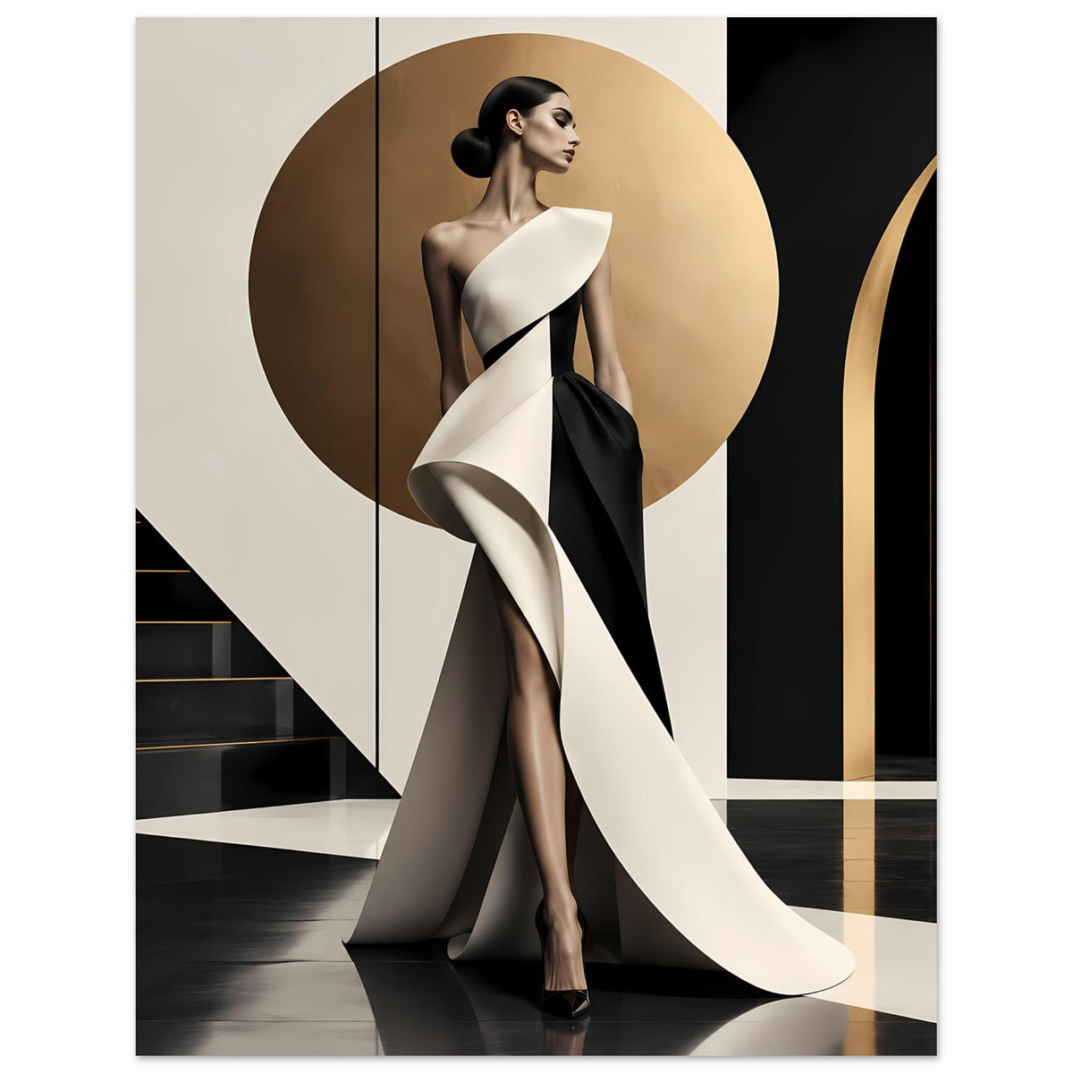 Poster mit Figur in Weiß-Schwarz, beiger Kreis im Hintergrund und diagonale, abstrakte Linien