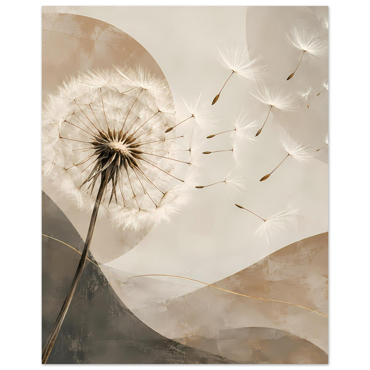 Wandposter hochkant mit Pusteblumen-Motiv: weiße Pusteblume links, beige-graue Wellenflächen