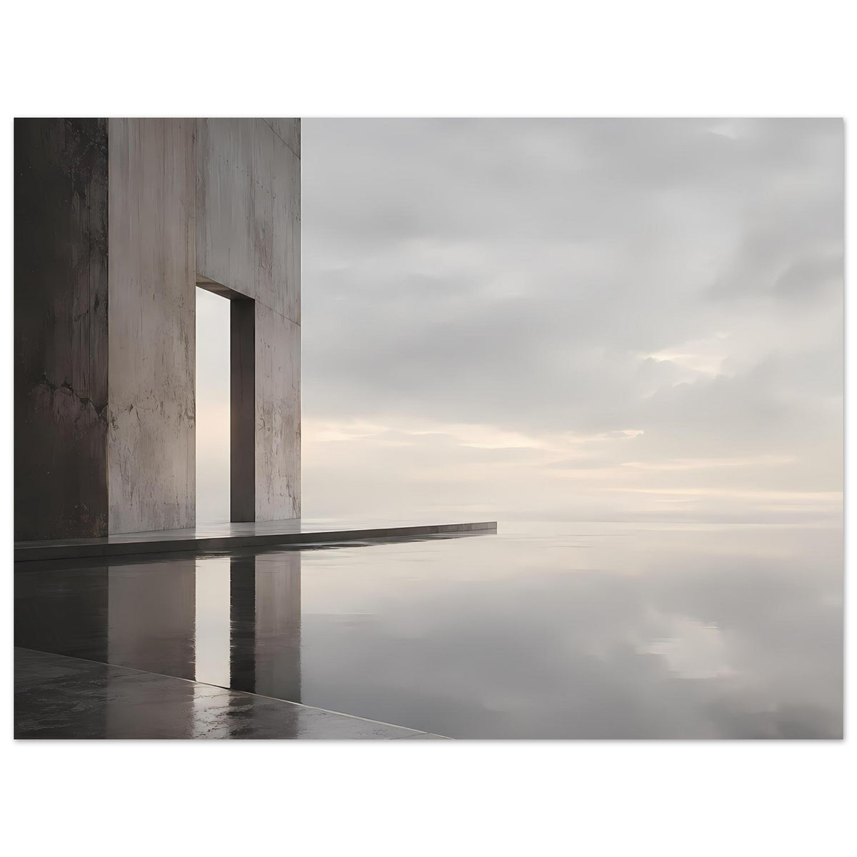 Architekturposter im Querformat: Betonwand, dunkle Linie und spiegelnde Fläche