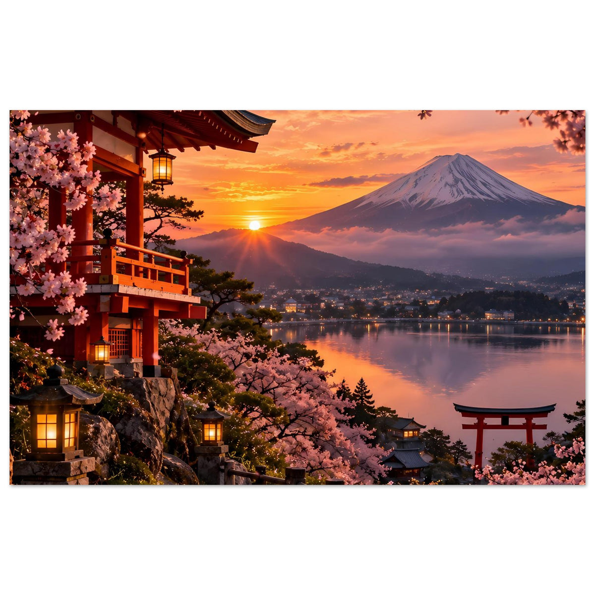 Japanisches Kirschblütenposter mit Tempel, pinken Blüten, Vulkanberg und See im Sonnenuntergang
