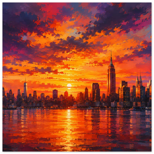 Poster: Skyline bei Sonnenuntergang mit orangefarbenem Himmel und Spiegelung im Wasser