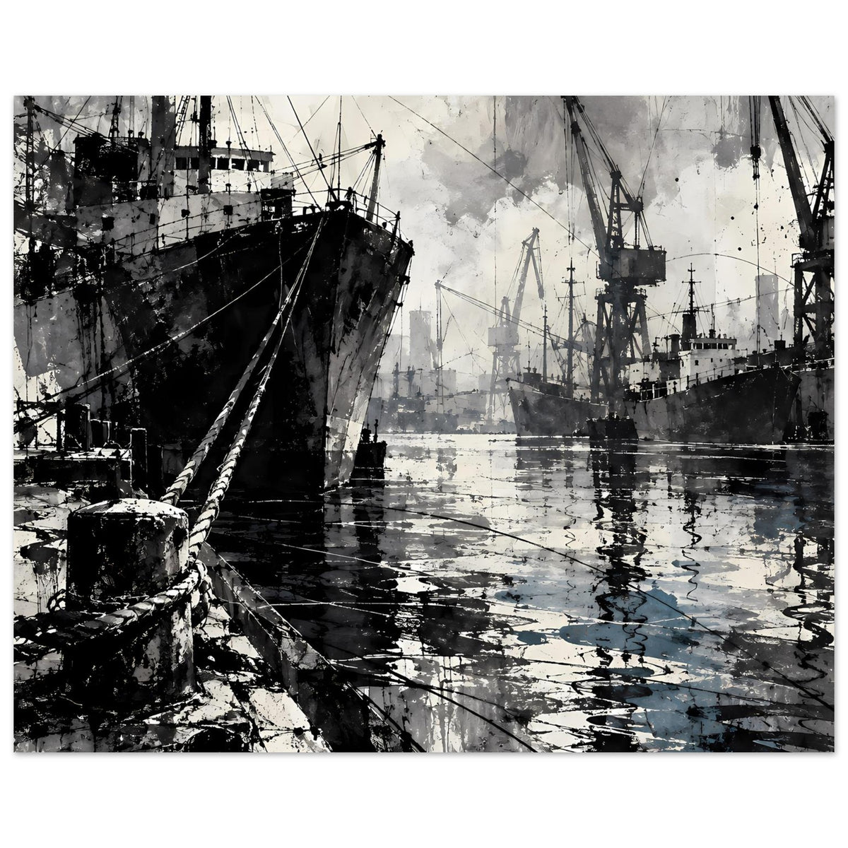 Maritimes Poster: Großes Containerschiff im Hafen, Kräne und Wasserreflexionen in Schwarz-Weiß