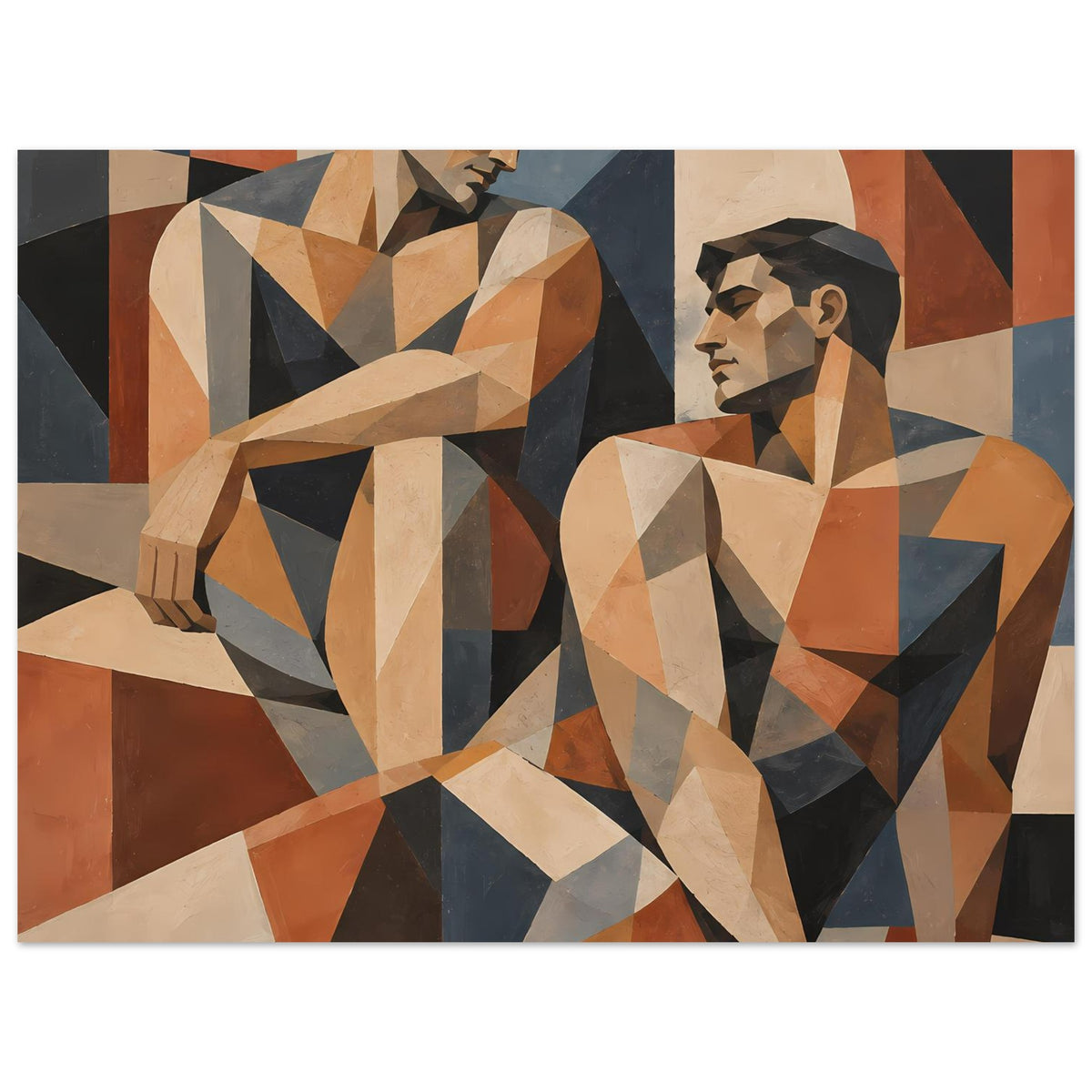 Kunstposter im Hochformat: zwei Figuren aus Winkel- und Dreiecksformen, Orange und Dunkelblau.