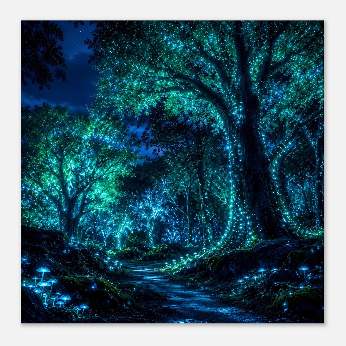 Nachtposter im Querformat: dunkler Waldweg, leuchtende Bäume und kleine Lichtpunkte
