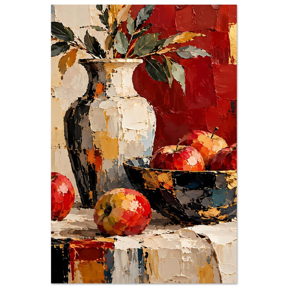Kunstposter (Hochformat) Ausschnitt: Vase links, Schale mit roten Früchten rechts