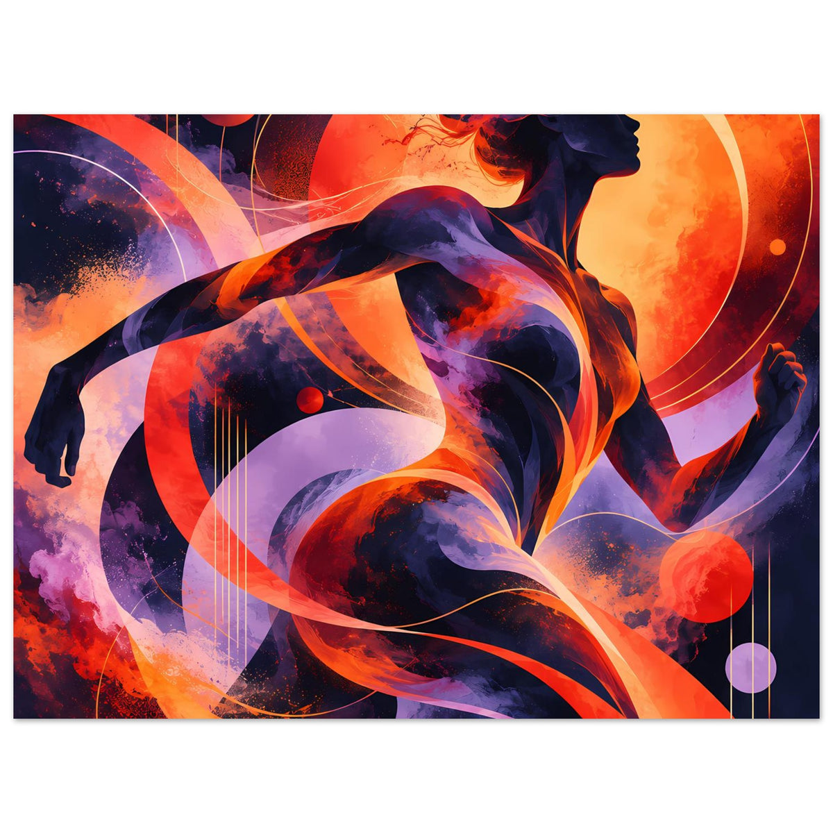 Horizontales Premium-Poster mit Feuer-Comicfrau, orangefarbene Lichtfläche und Wirbel in Lila/Blau.