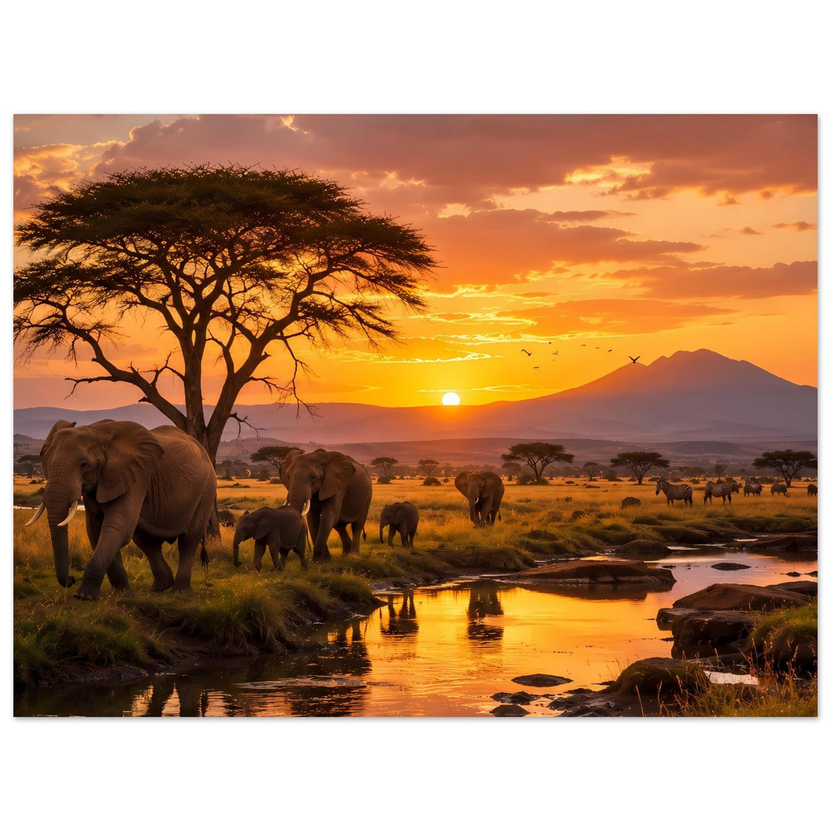Poster: Elefanten am Fluss mit Uferlandschaft und Sonnenuntergang am Horizont