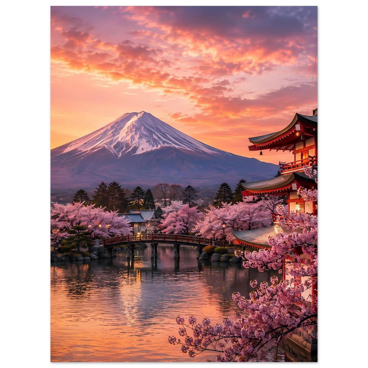 Poster mit Fuji-Berg, Kirschblüten und japanischem Tempel bei Sonnenuntergang am See