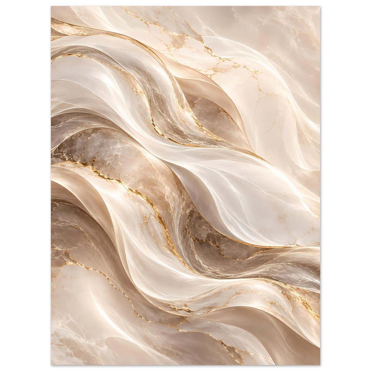 Abstraktes Wellen-Poster vertikal: Creme- und Goldwellen über Taupe, feine marmorierte Linien.