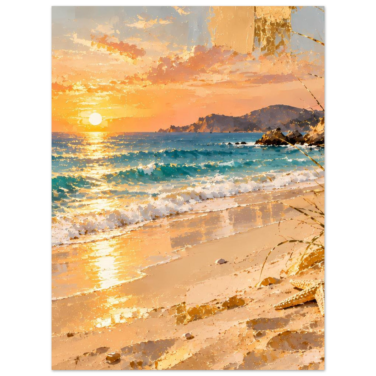 Poster mit Strand- und Sonnenuntergangsmotiv, goldene Sonne, Wellen und Sand, vertikal im Rahmen.