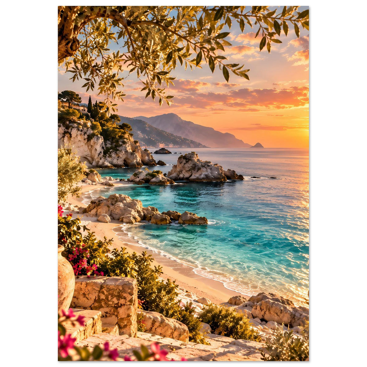 Strandposter im Hochformat mit Sonnenuntergang, Meer, Felsen, blühenden Sträuchern