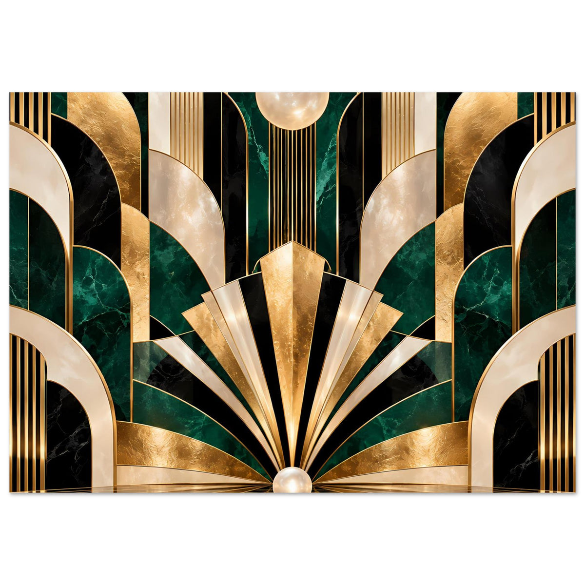 Horizontales Art-Déco-Poster mit goldenen Fächern und smaragdgrünen Bögen