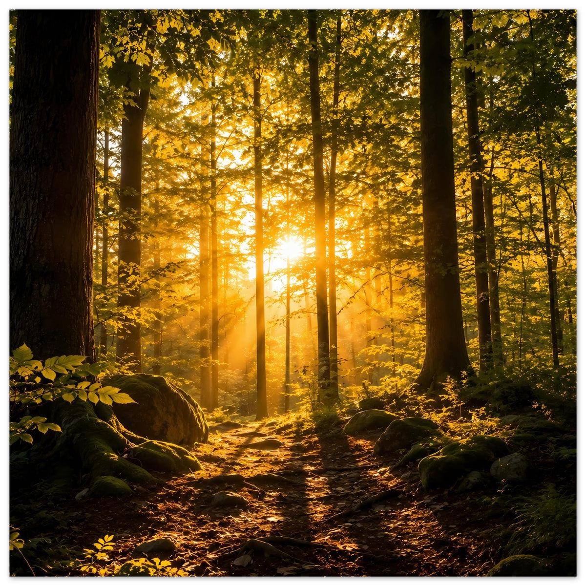 Wandposter: Waldweg im warmen Licht, hohe Stämme und goldfarbenes Laub