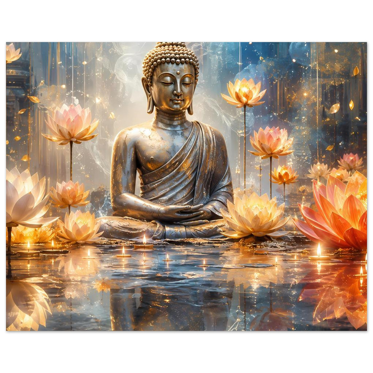 Buddha-Poster im Querformat mit goldener sitzender Figur und orangefarbenen Lotusblüten