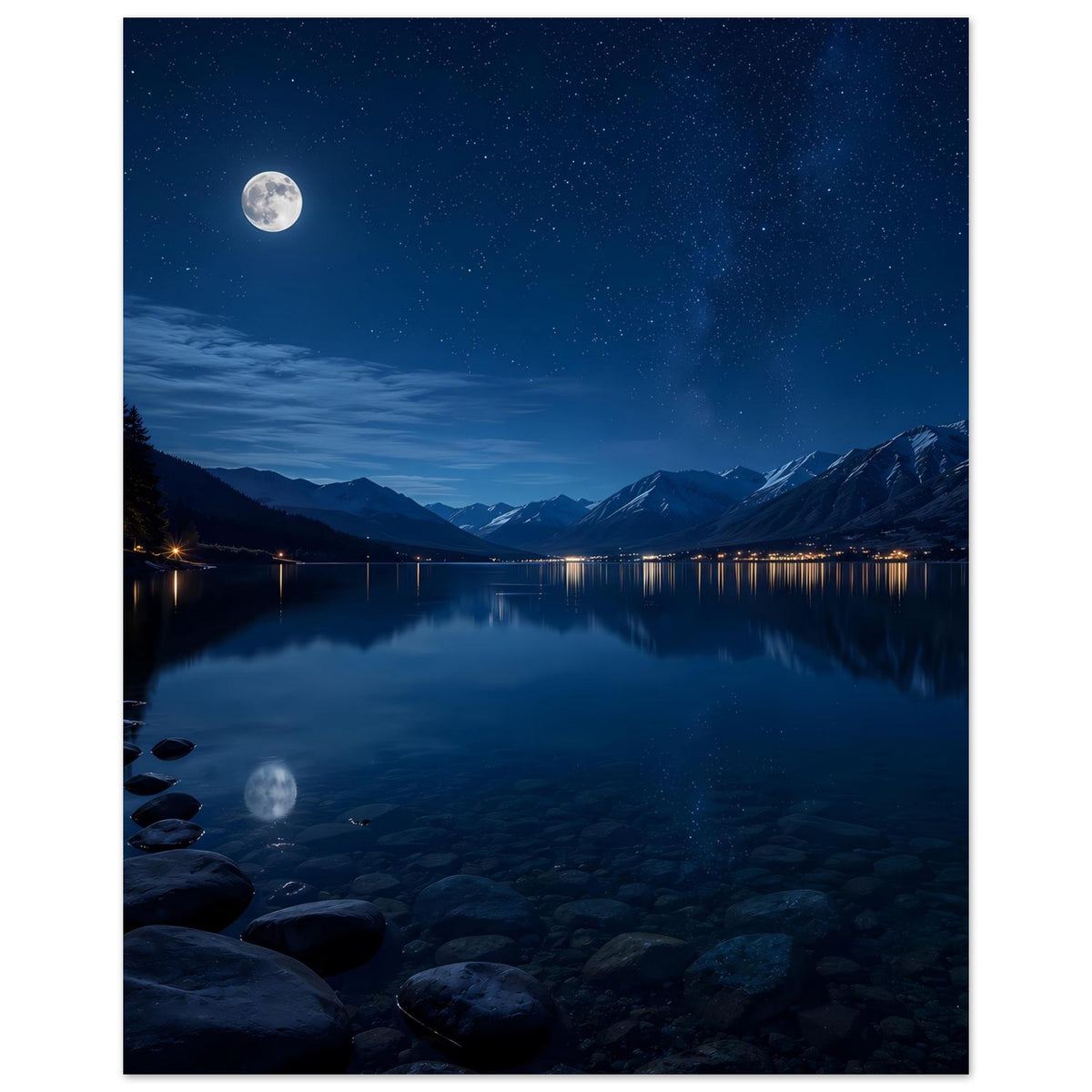 Gerahmtes Hochformat-Poster mit Mond über Bergsee, Sternenhimmel, Bergkette und ruhigem Wasser