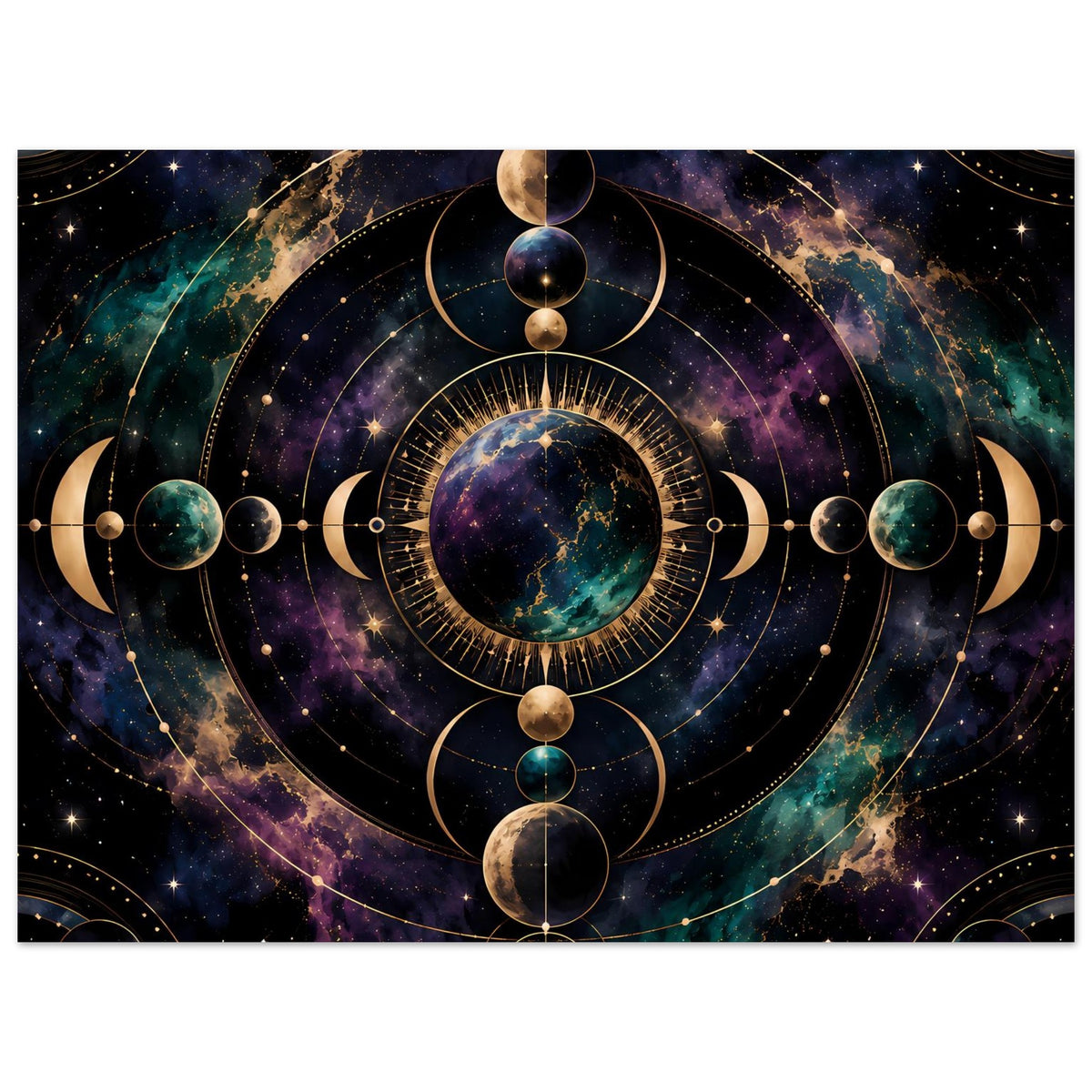 Poster mit kosmischem Mondphasen-Motiv, goldene Kreisornamente und Planeten im Zentrum