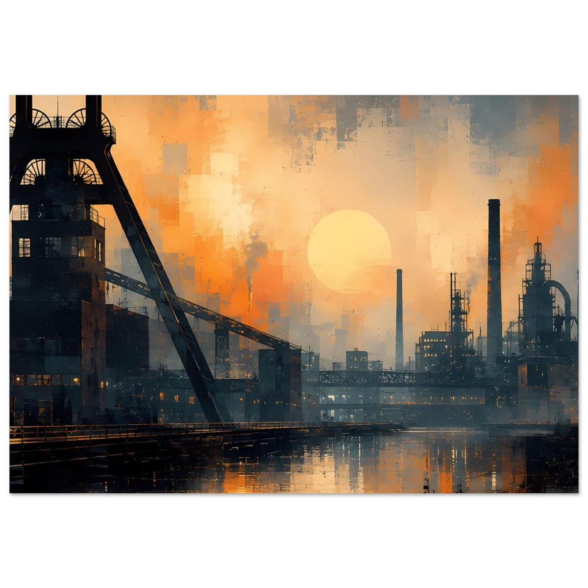 Industrie-Skyline-Poster mit Sonnenball, diagonaler Brücke links, Fabrikschloten und Wasserlinien