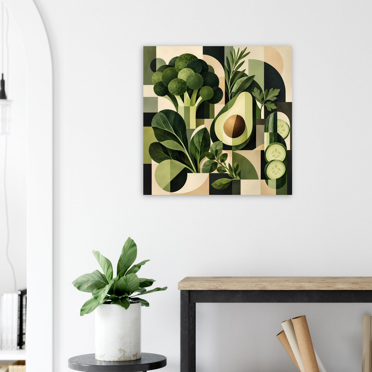 Geometrisches Pflanzenposter mit Oliven- und Avocado-Formen in Grün