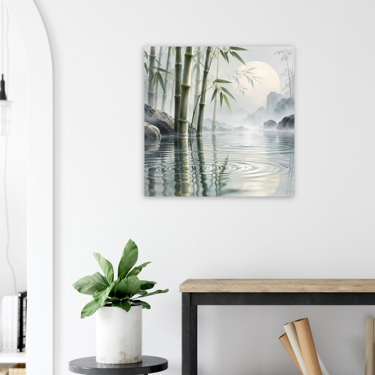 Poster mit Bambus und Wasserreflexionen, ruhige Landschaft mit Nebel