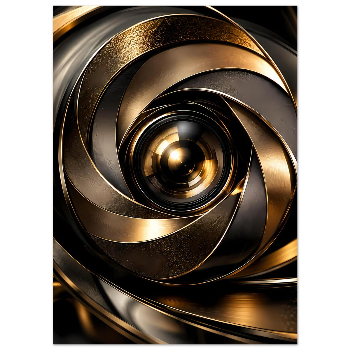 Abstraktes Poster, detaillierter Spiralwirbel in Goldtönen und tiefem Schwarz