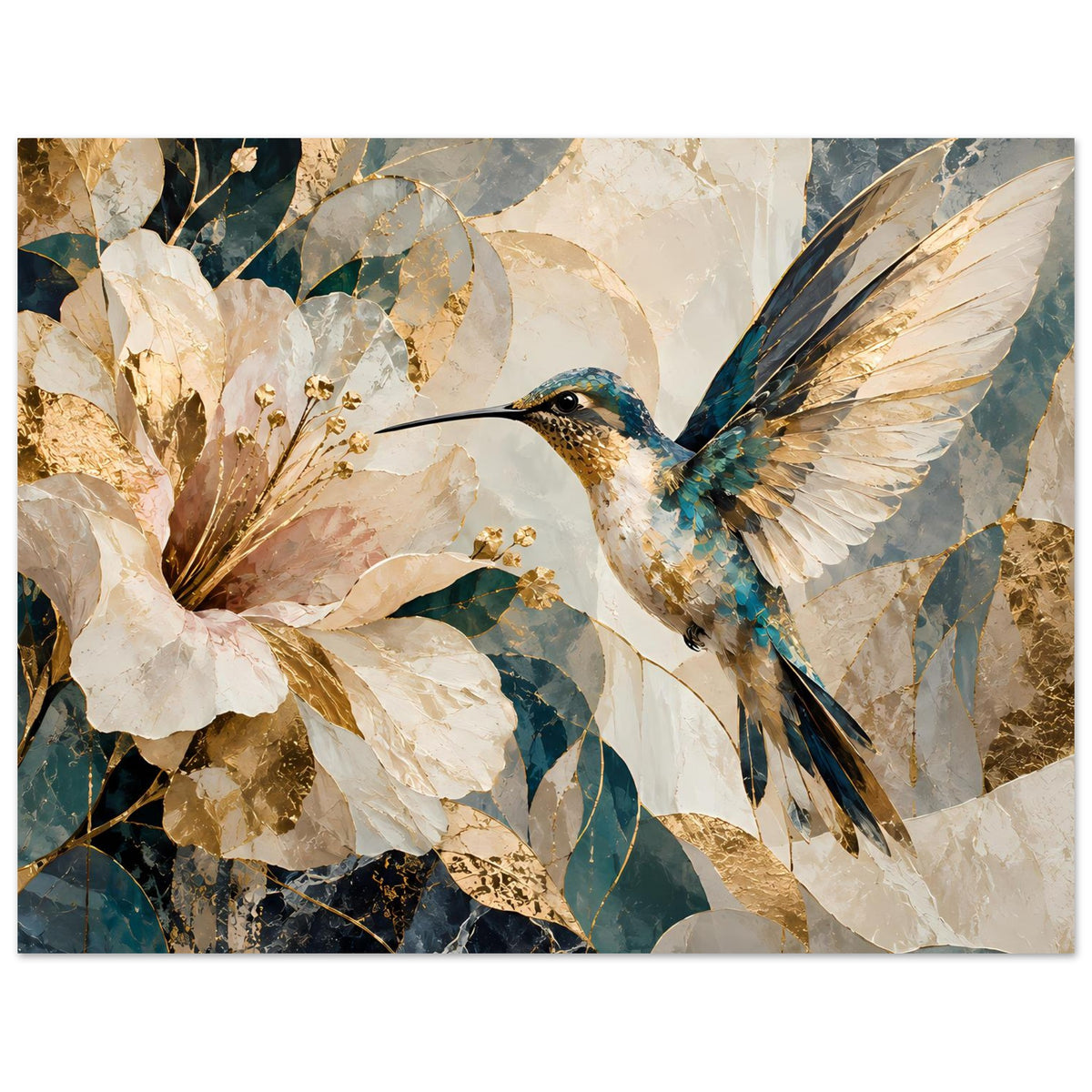 Wandposter im Querformat: Kolibri rechts, große weiße Blüten links, türkis-goldene Farbtöne