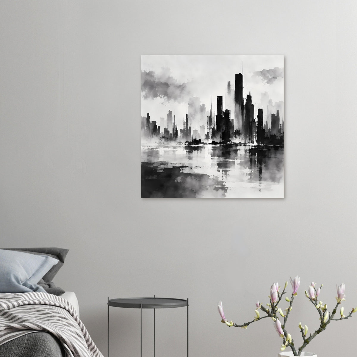 Schwarzweiß-Poster im Quadratformat mit kleiner Skyline und Spiegelung im Wasser
