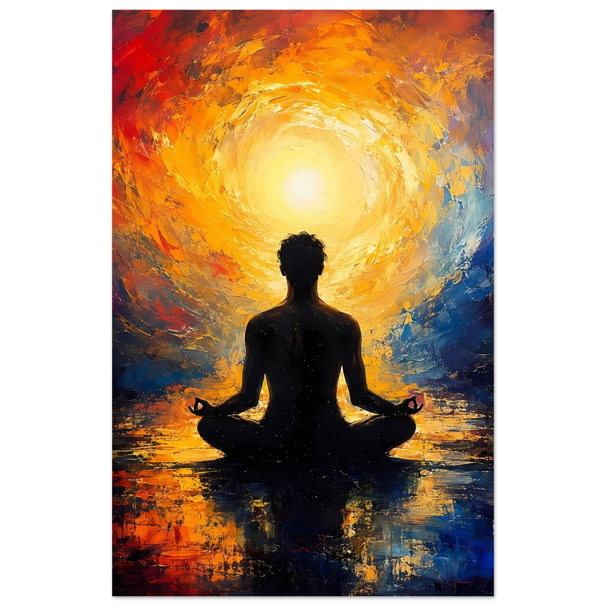 Vertikales Meditations-Poster: dunkle Meditationsfigur im Schneidersitz vor gelbem leuchtendem Wirbel