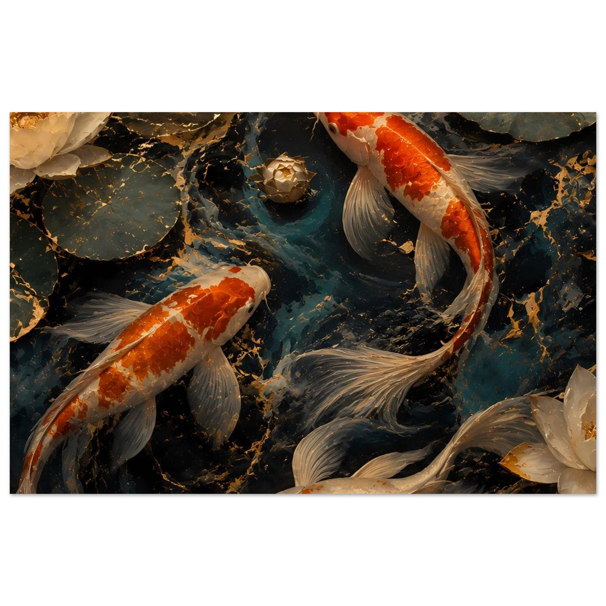 Koi-Teich Kunstposter im Querformat: zwei Koi am Rand, goldene Texturen im Wasser.