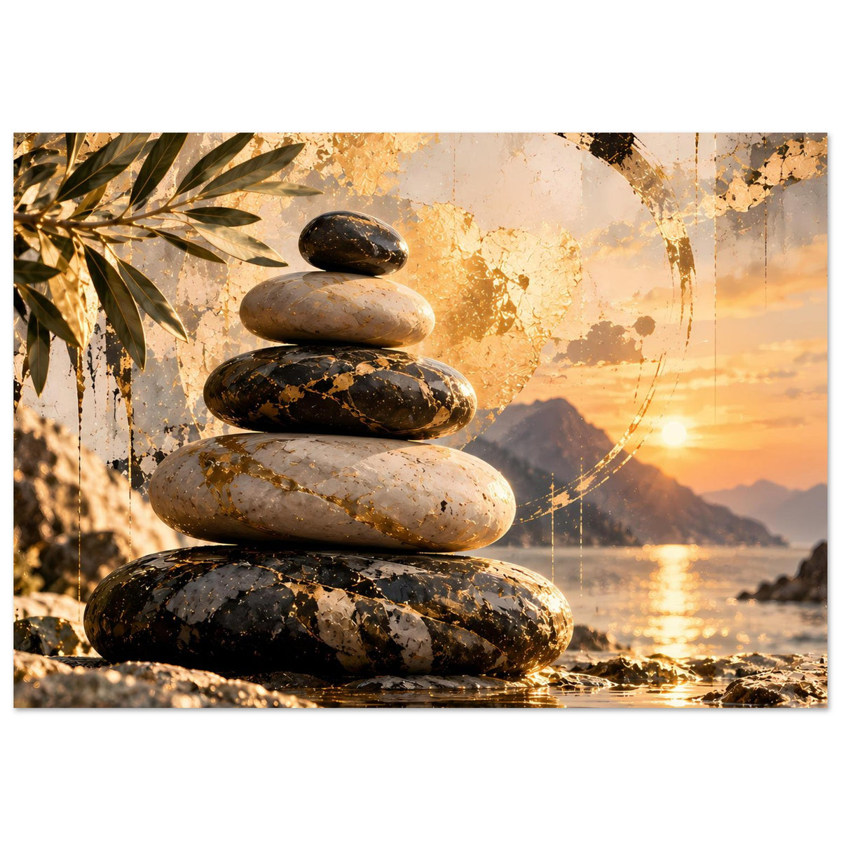 Zen-Poster mit gestapelten Steinen, Palmblättern und Sonnenuntergang am See, goldener Kreis