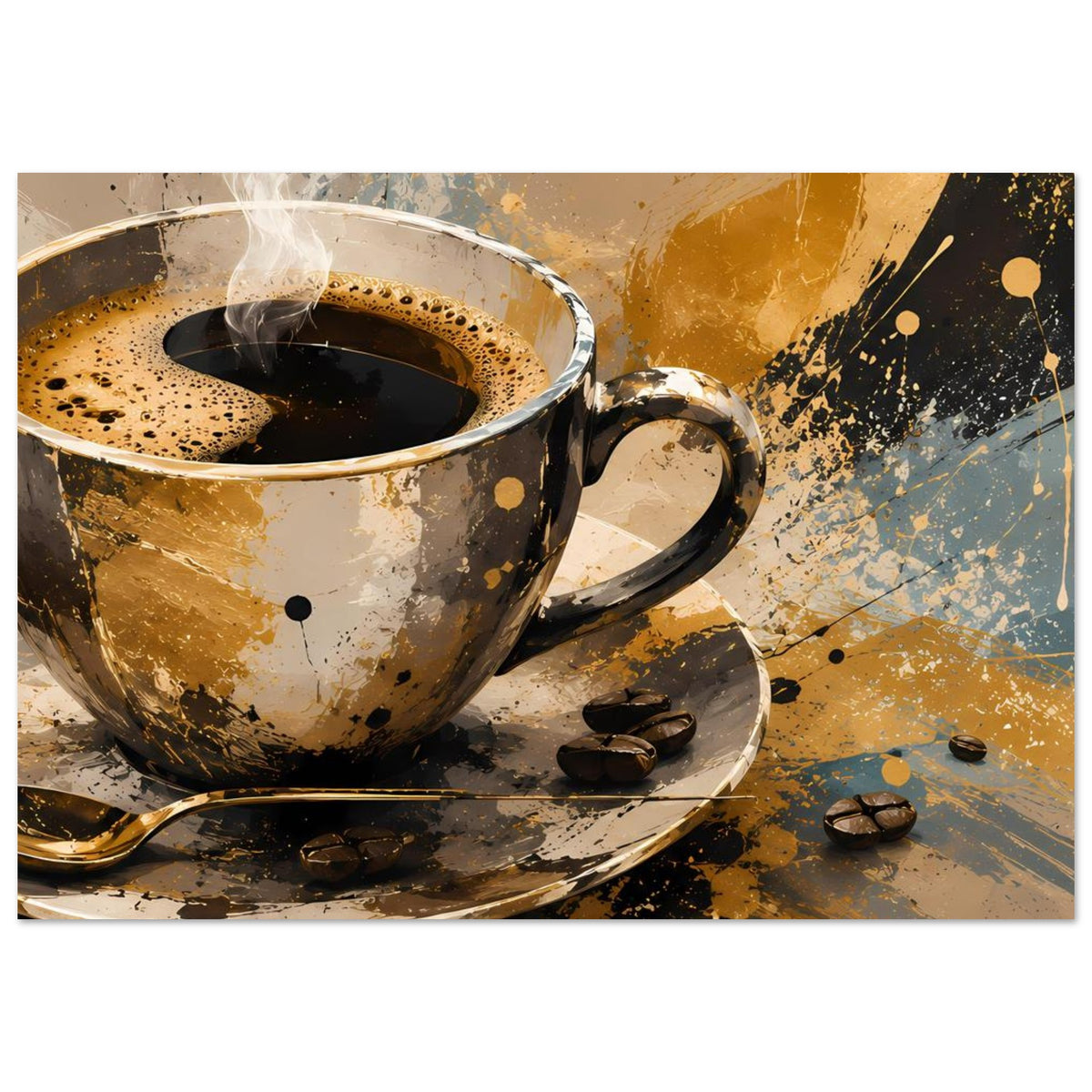 Kunstposter mit Kaffeetasse und Untertasse, dampfender Kaffee, Spritzeroptik, Kaffeebohnen