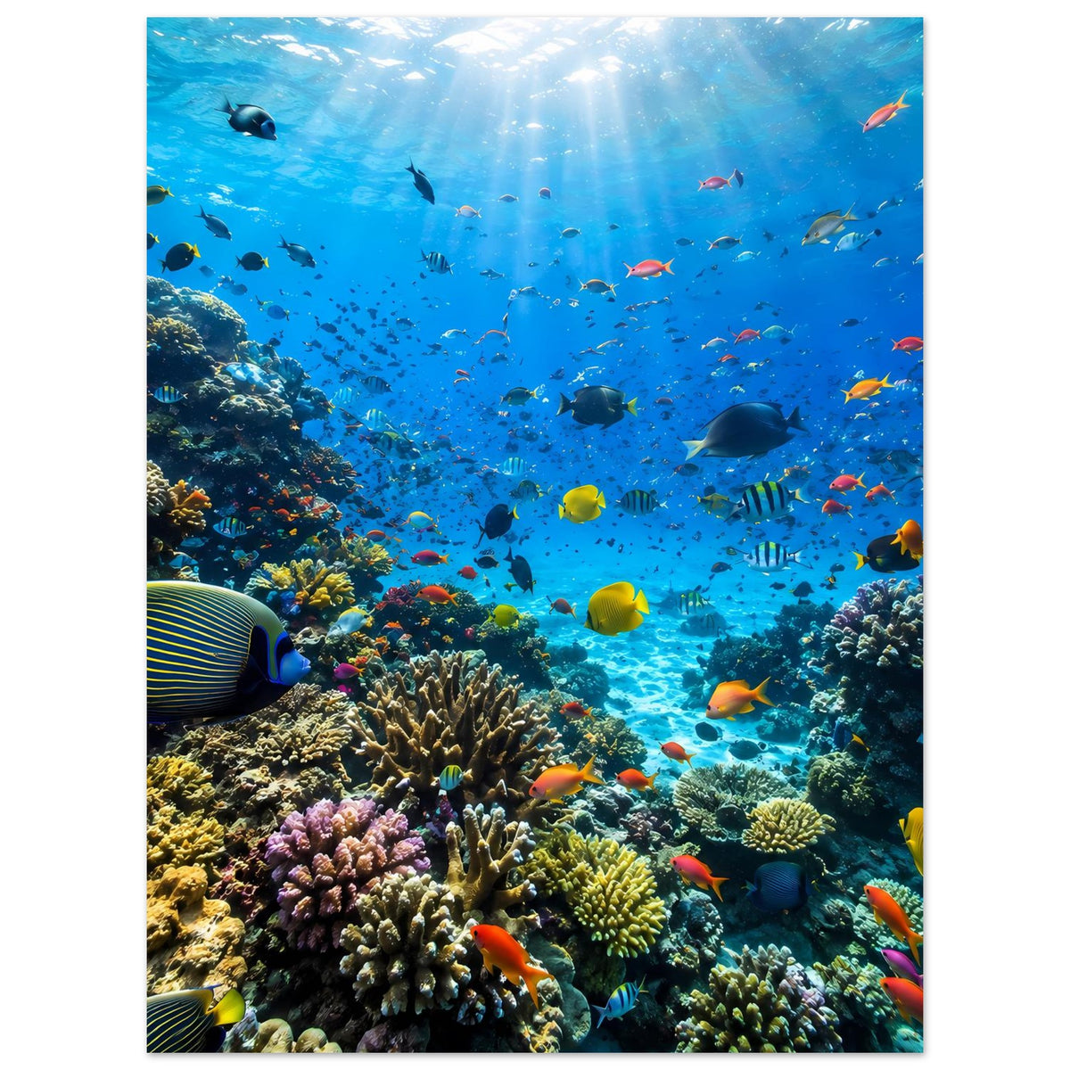 Korallenriff-Poster mit bunten Tropenfischen und farbigen Korallen im türkisblauen Wasser
