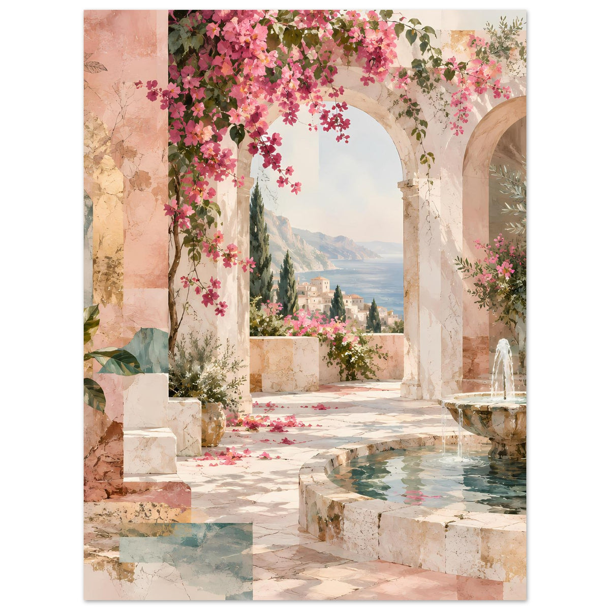 Kunstposter: florale mediterrane Terrasse mit Arkaden, rosa Blüten und Brunnen im Eck.
