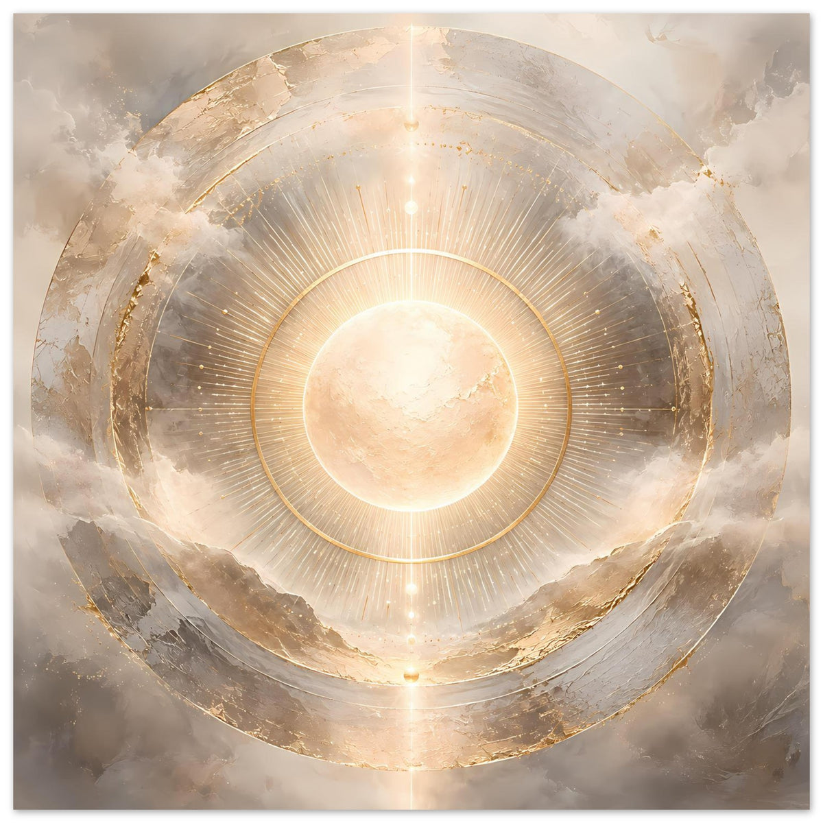 Kosmos-Poster mit großer kreisförmiger Struktur, goldenen Ringen und strahlendem Zentrum