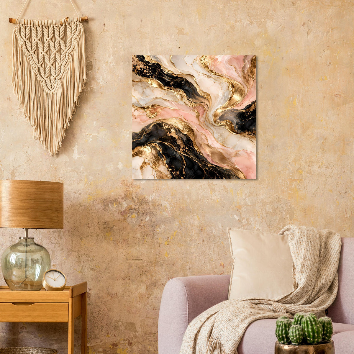 Marmor-Poster mit Goldakzenten in Rosa, Schwarz und Gold, quadratisch