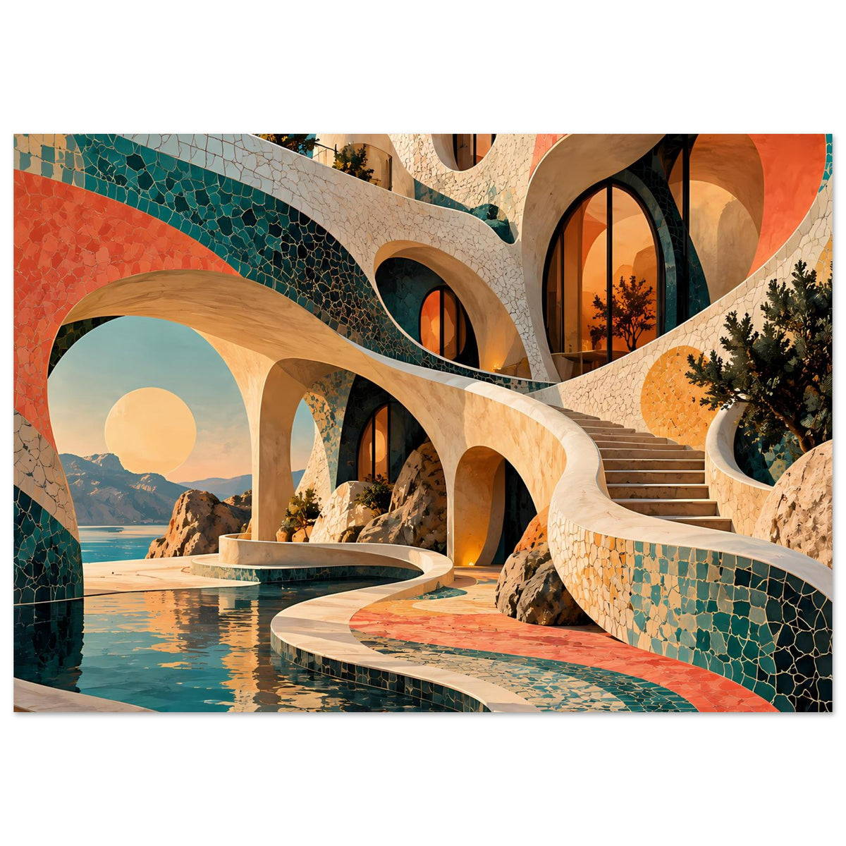 Kunstposter mit türkisgrünem Mosaikbogen, korallenroten Wandflächen und Rundbecken