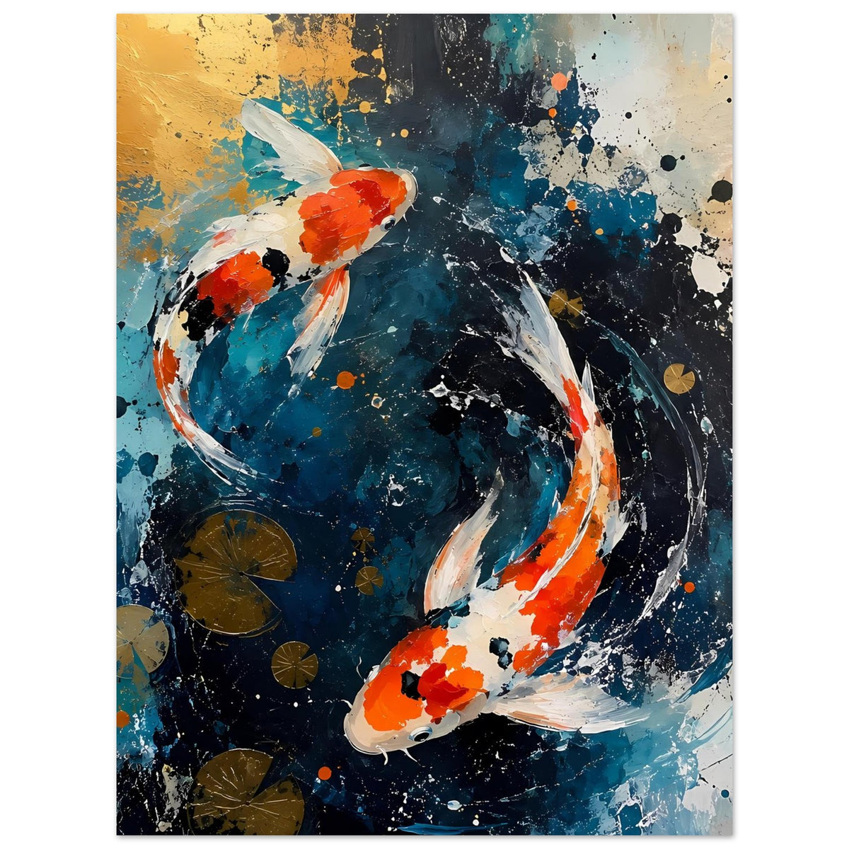 Poster mit zwei Koi im abstrakten Wasserwirbel, orange-weiße Fische und blaue Farbwirbel