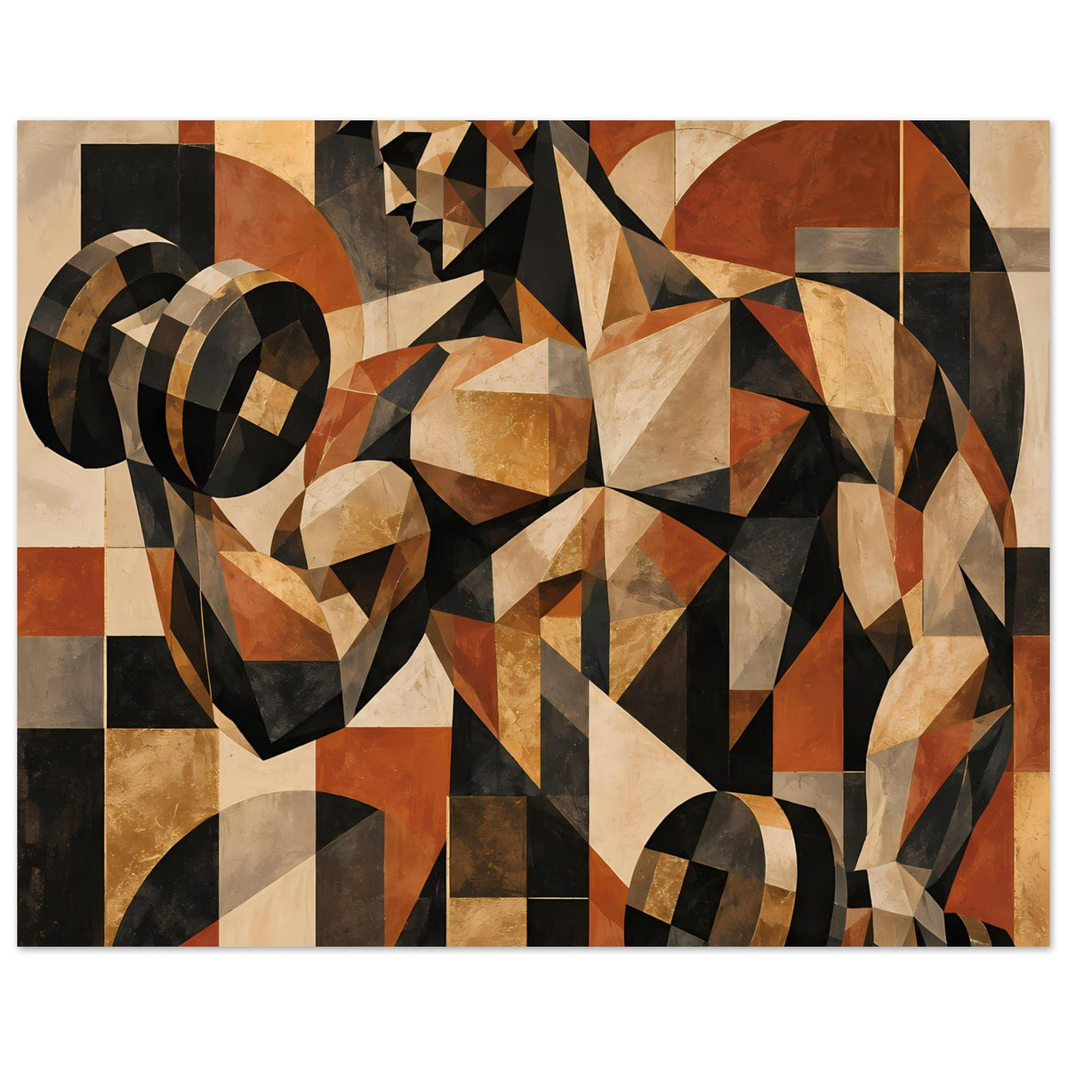 Gerahmtes abstraktes Geometrie-Poster in warmen Erdtönen mit Ring- und Polygonformen