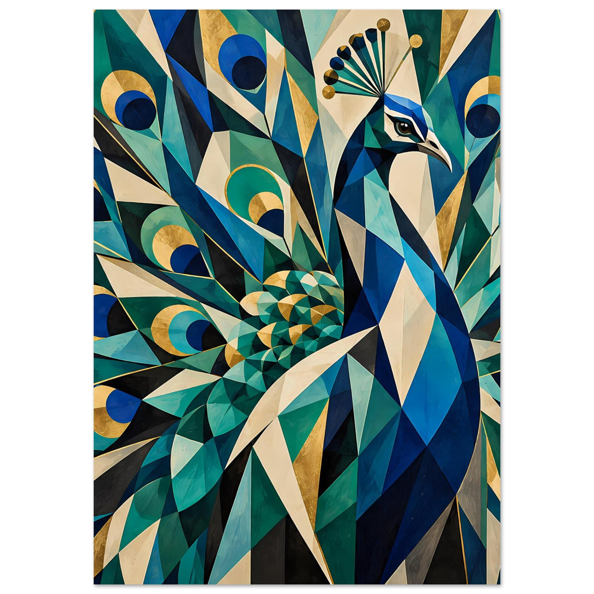 Geometrisches Pfau-Poster im Hochformat, starker blau-goldener Fächer mit grünen Akzenten