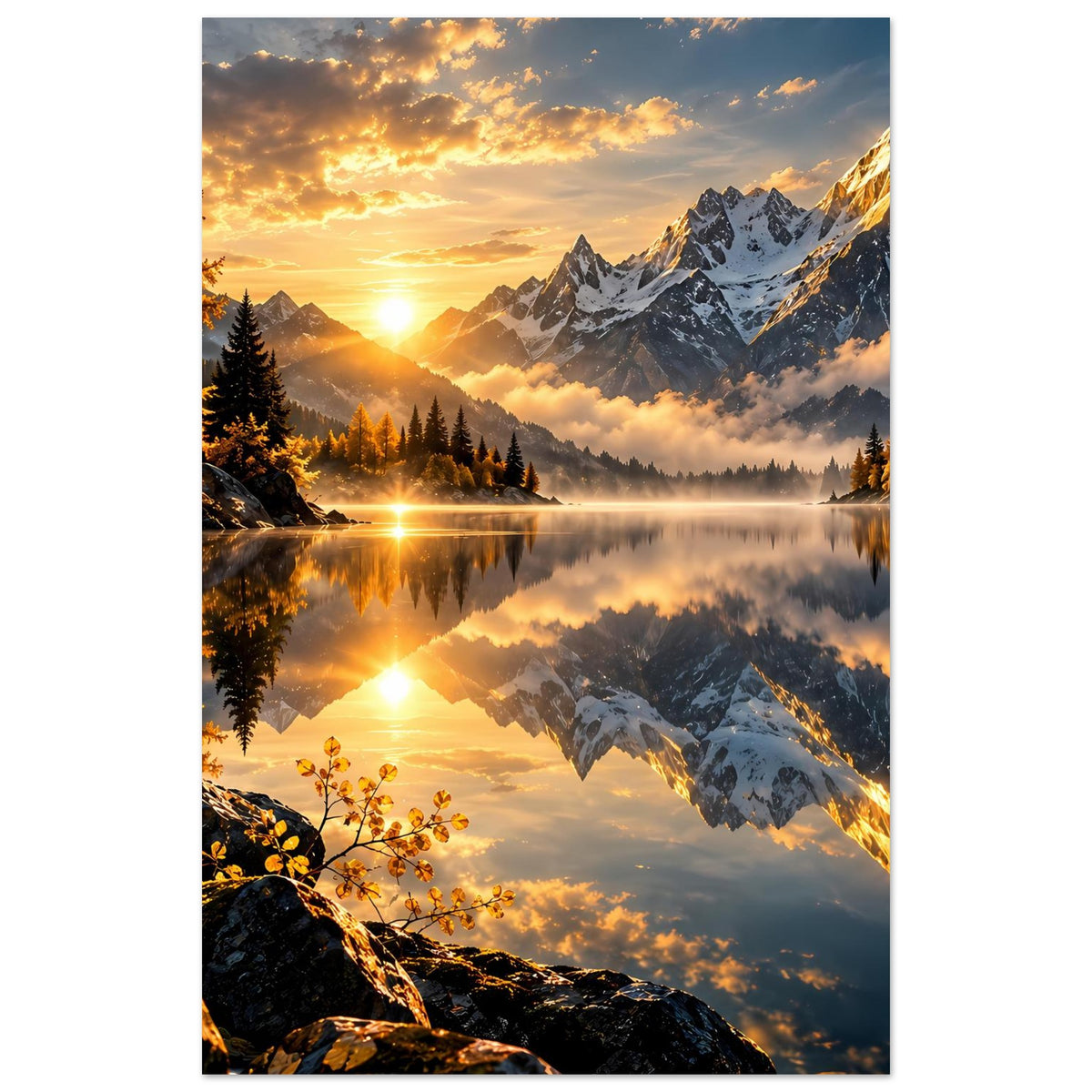 Hochformat-Poster: Sonnenaufgang über Alpenbergen mit spiegelnder Wasseroberfläche