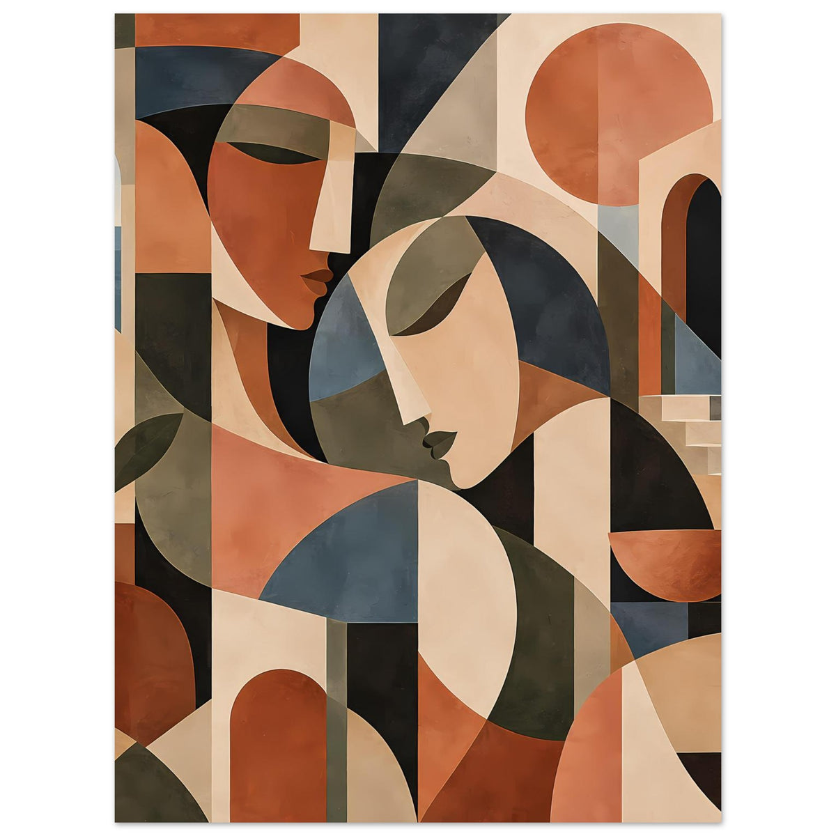 Abstrakter Poster-Druck mit Gesichtern in Terrakotta-, Beige- und Blautönen, geometrisch