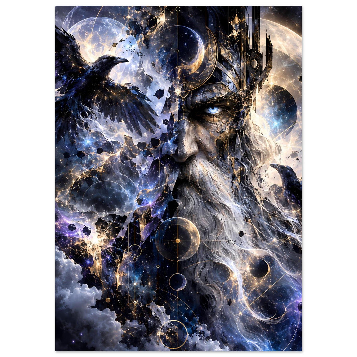 Fantasy-Poster mit galaktischem König, wehender Mähne und Raben