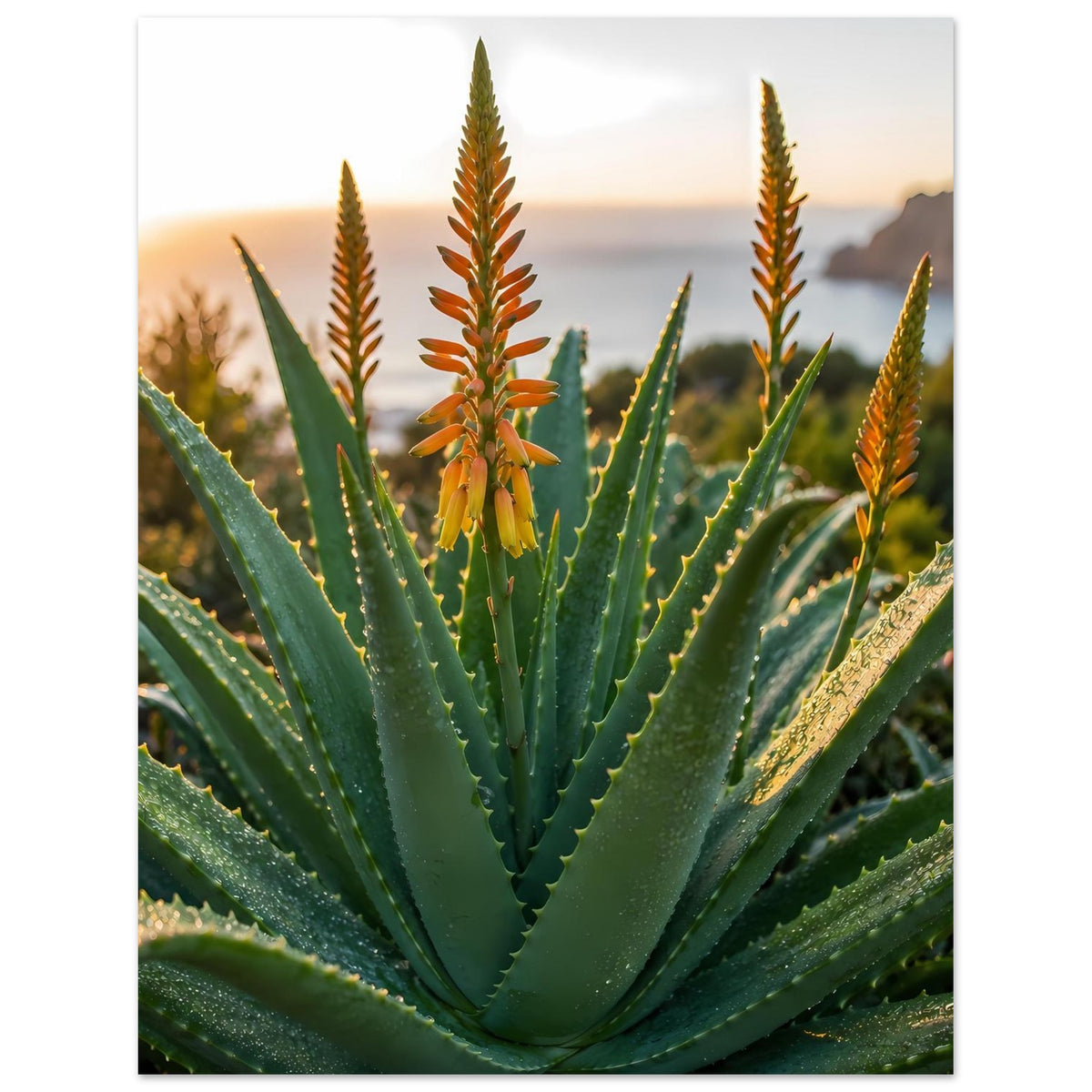 Poster mit Aloe-Pflanze, mittig mit gelb-orangen Blüten und grünen Blättern im Close-up