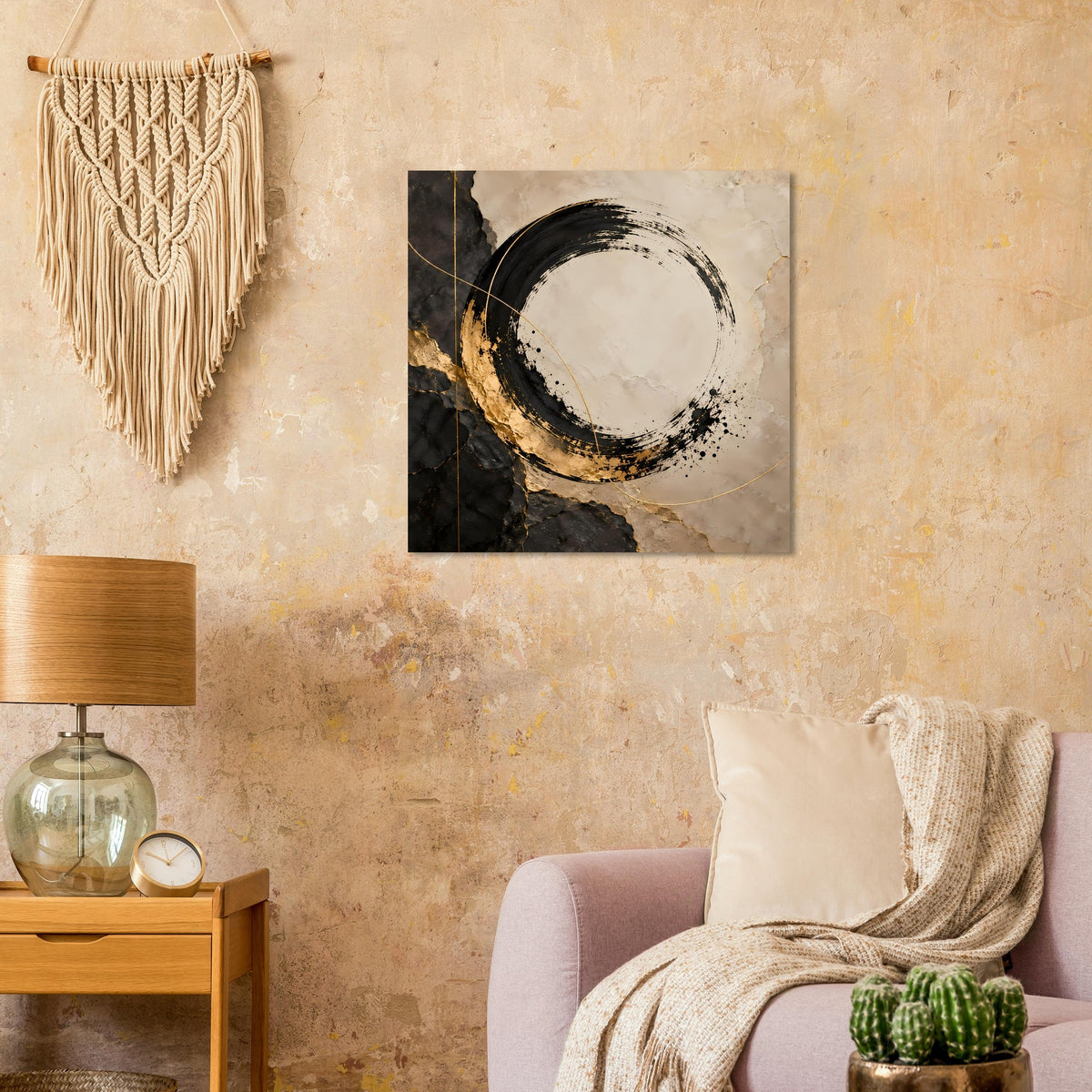 Quadratisches Kunstposter mit Kreisring in Schwarz, Beige und goldenen Akzenten