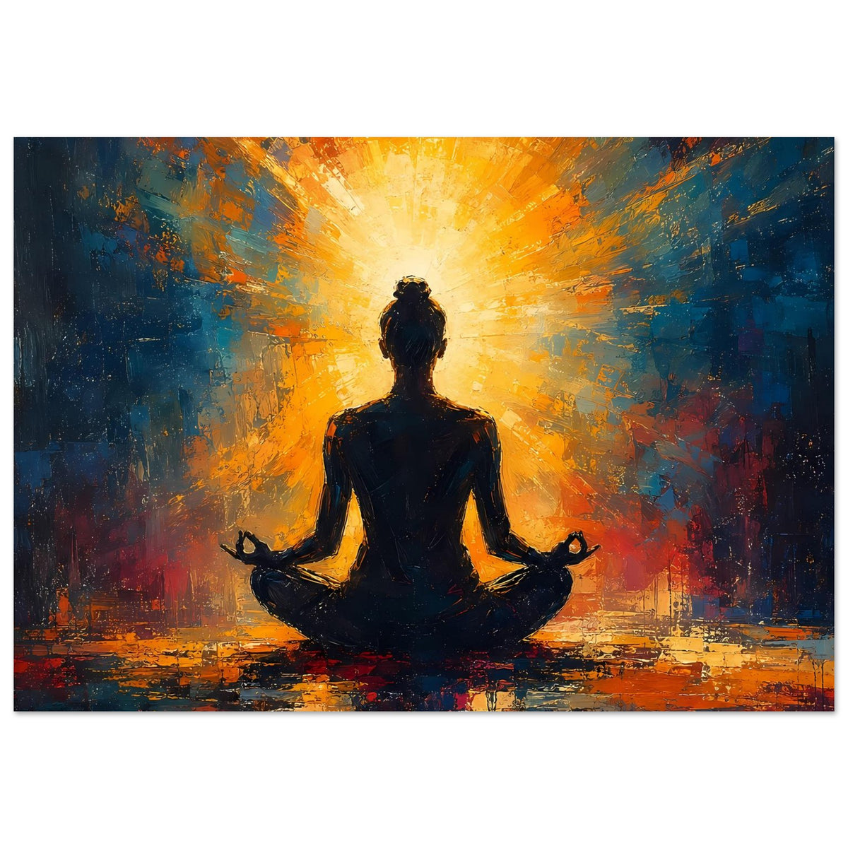 Landschafts-Poster mit dunkler Meditationssilhouette, goldener Strahlensonne und buntem Farbverlauf