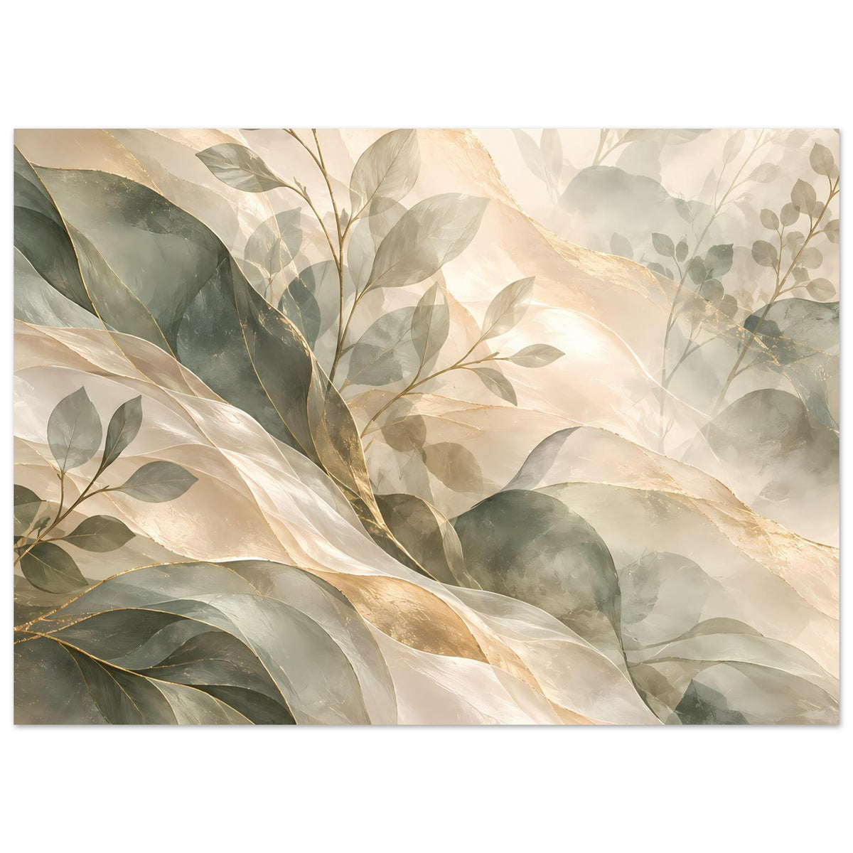 Botanisches Kunstposter mit überlagernden Blattmotiven in Salbeigrün, Creme und Gold, querformatig